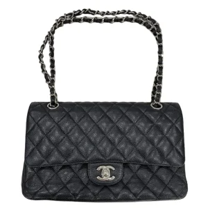 CHANEL Classic Double Flap Bag Black Leather Silver-Tone Hardware