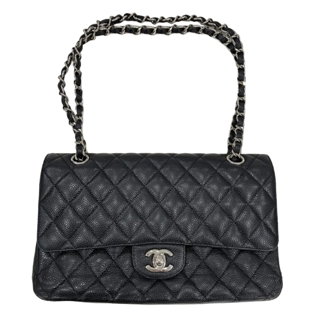 CHANEL Classic Double Flap Bag Black Leather Silver-Tone Hardware