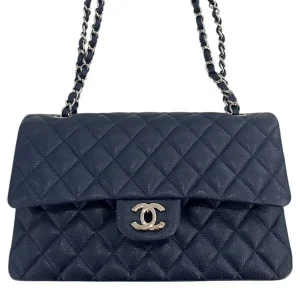 CHANEL Classic Flap Bag Navy Caviar Skin Silver-Tone Hardware