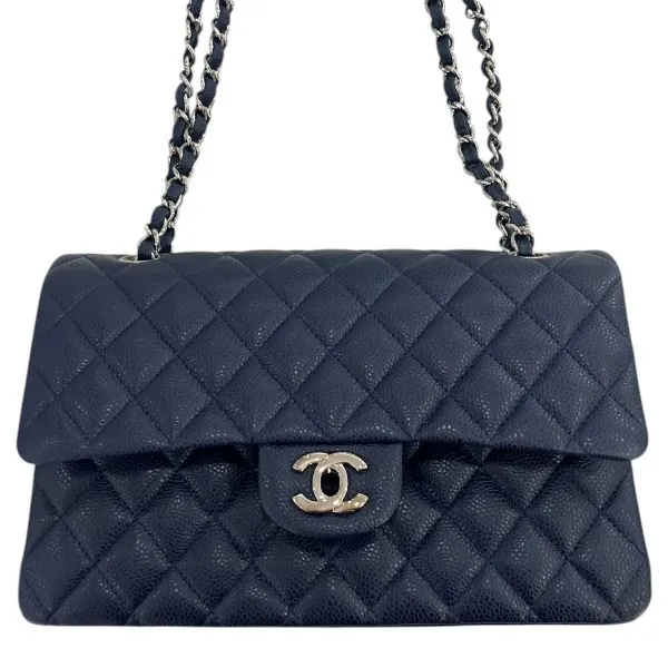CHANEL Classic Flap Bag Navy Caviar Skin Silver-Tone Hardware